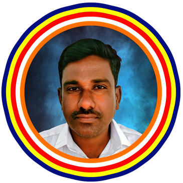 Portrait of a man with a mustache, wearing a white shirt, against a blue background with colorful circular borders.