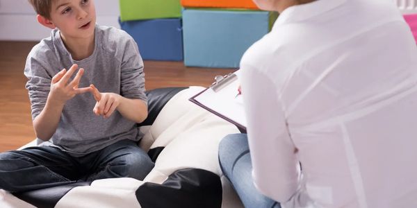 A therapist listens to a boy explaining something with his fingers.