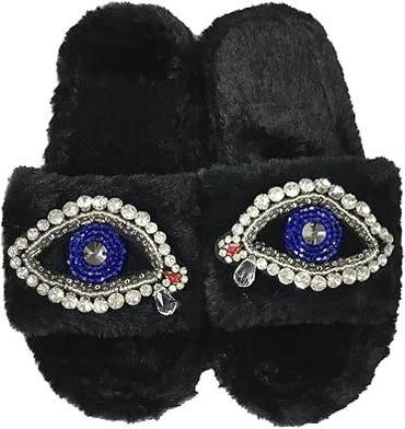 Women's Beaded Evil Eye & Rhinestone Plush Faux Fur Slide Slippers $32.99