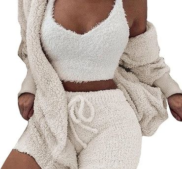 Famnbro Women's Sexy Fuzzy 3 Piece Outfits Fleece Warm Hooded Cardigan Crop Top Shorts Set Pajamas L