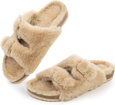 FITORY Womens Open Toe Slipper with Cozy Lining,Faux Rabbit Fur Cork Slide Sandals Size 6-11 $22.36F