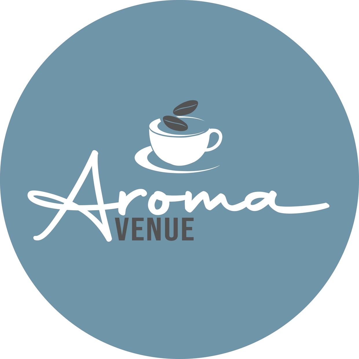 Logo of Aroma Venue with coffee cup and beans on blue circle background.