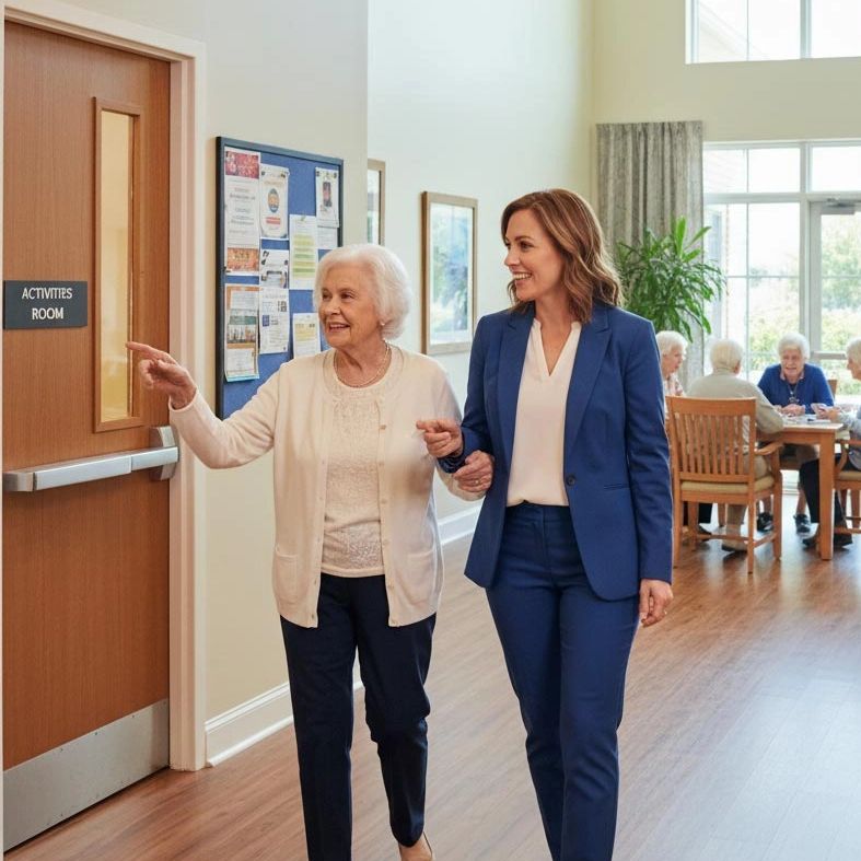 An elderly woman and a caregiver walk happily in a senior center.