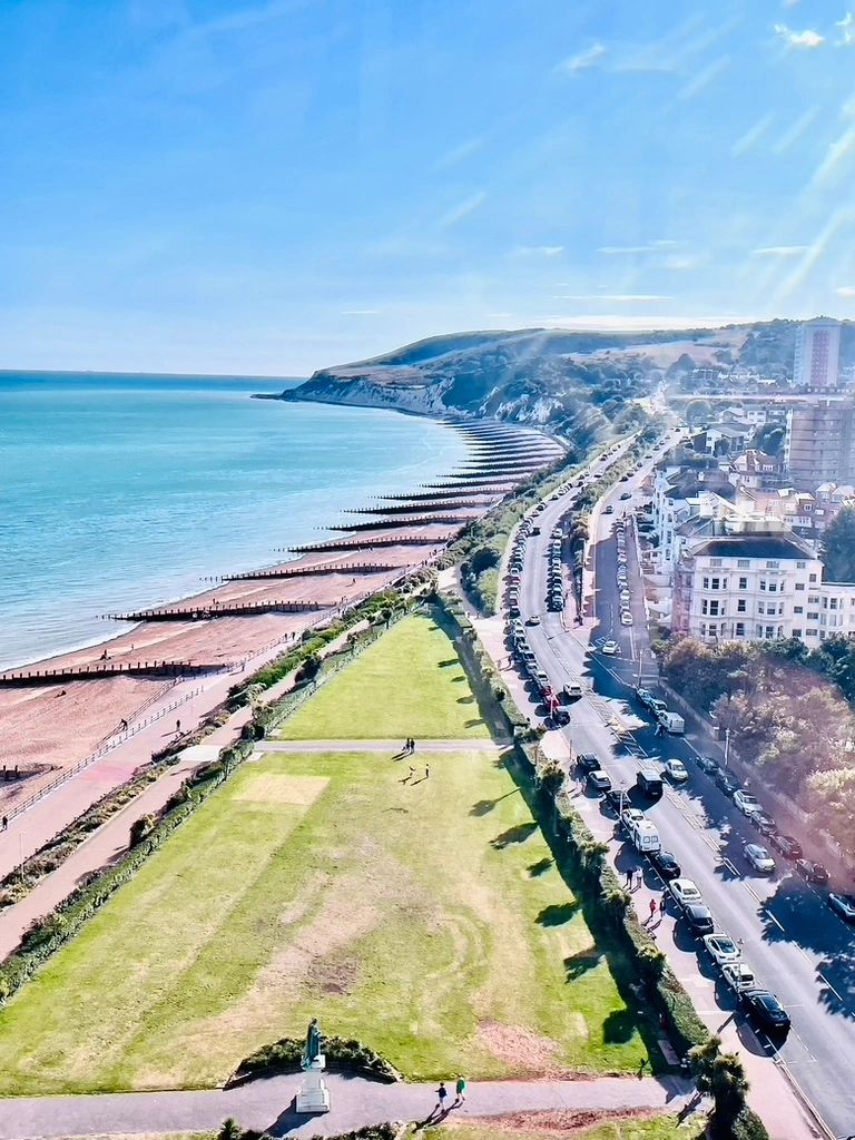 A view from high up overlooking the sea at Eastbourne and Beachy Head.