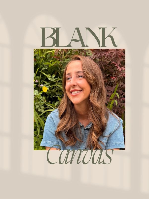 Smiling woman surrounded by greenery with 'Blank Canvas' text.