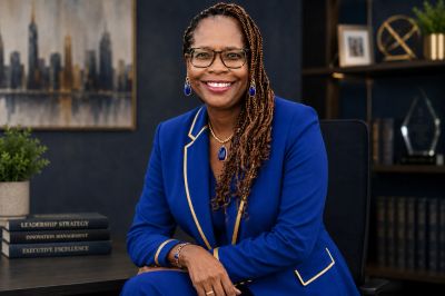 Woman in blue suit smiling in office.