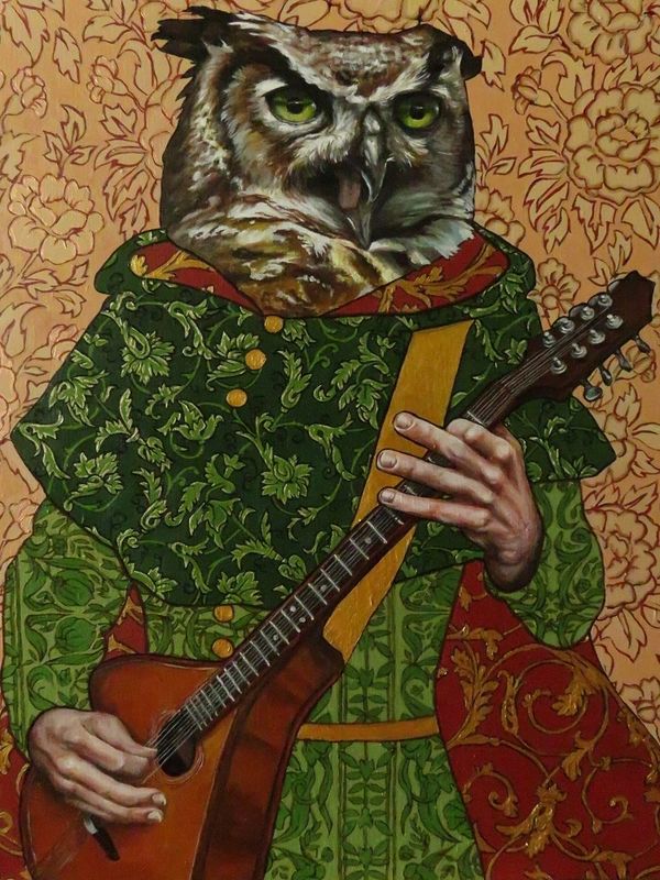 owl playing a stringed instrument wearing green, gold, and red caped outfit.
