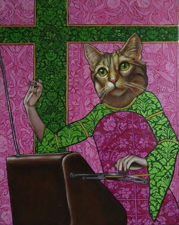 Cat playing the theremin. Patterned background. Purple and green. Spring tones.