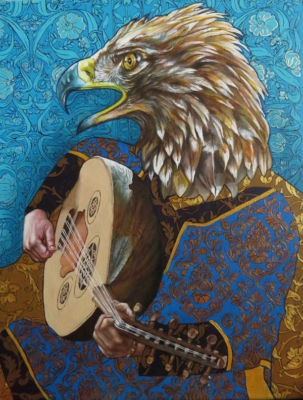 Golden Eagle playing lute. Blue and gold patterns.