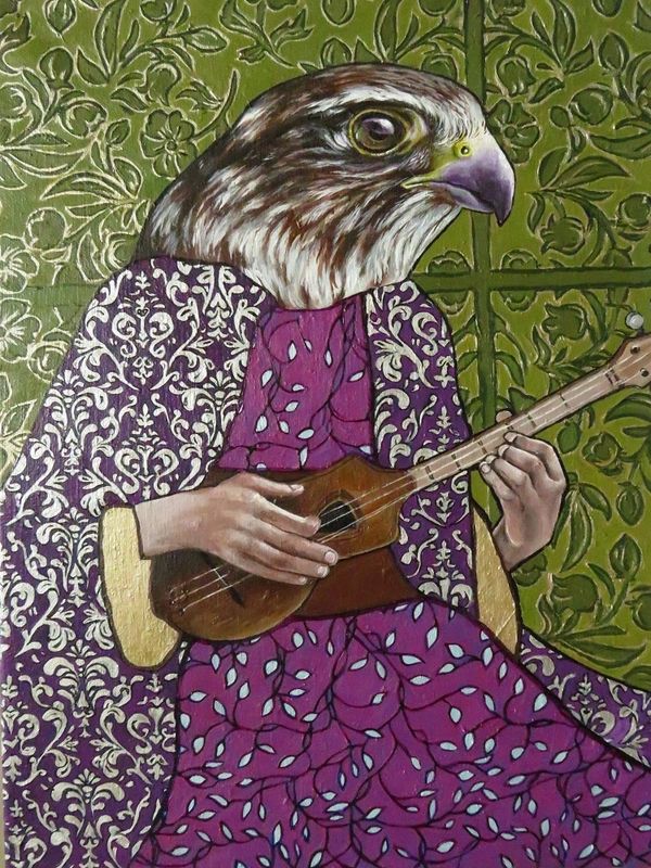Merlin playing the merlin. Patterned background. Green and purple. Spring tones