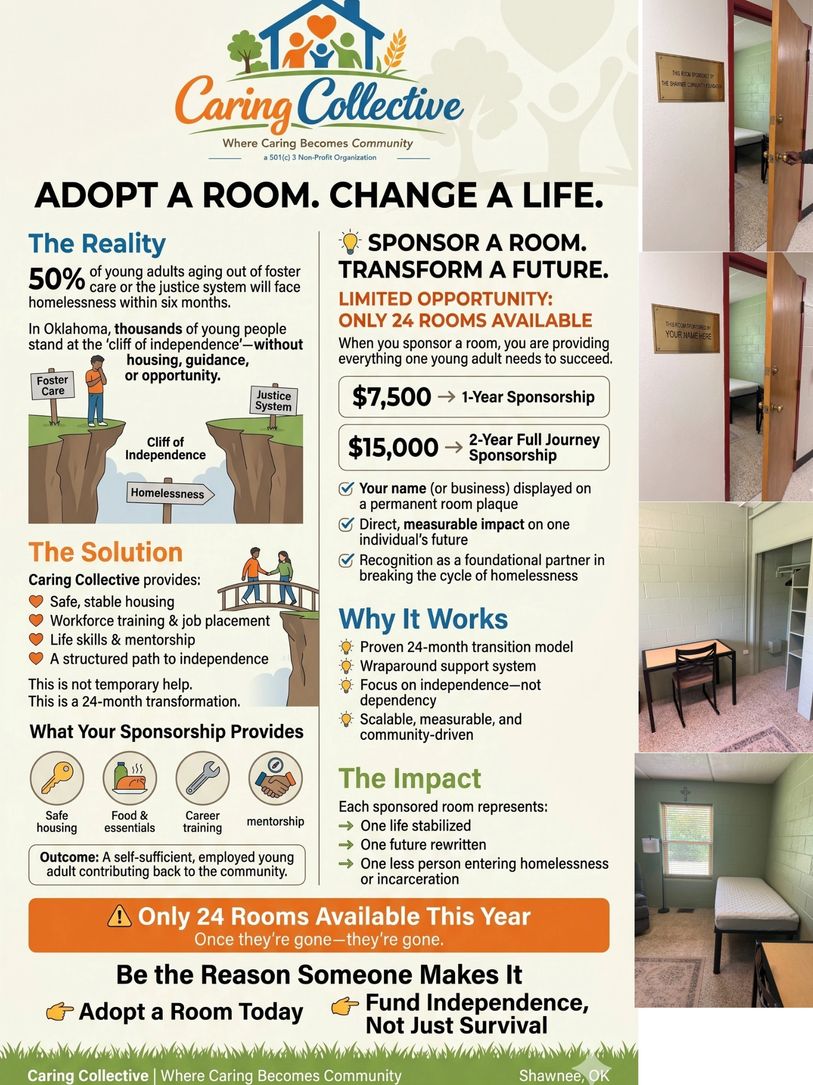 Informative flyer and photos about Caring Collective's Adopt a Room program supporting young adults aging out of foster care.