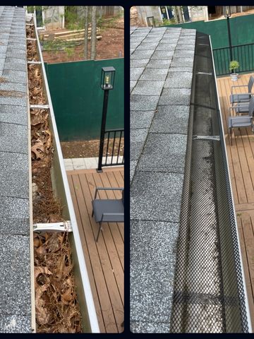 Gutter cleaning before and after photo with gutter guard installation.