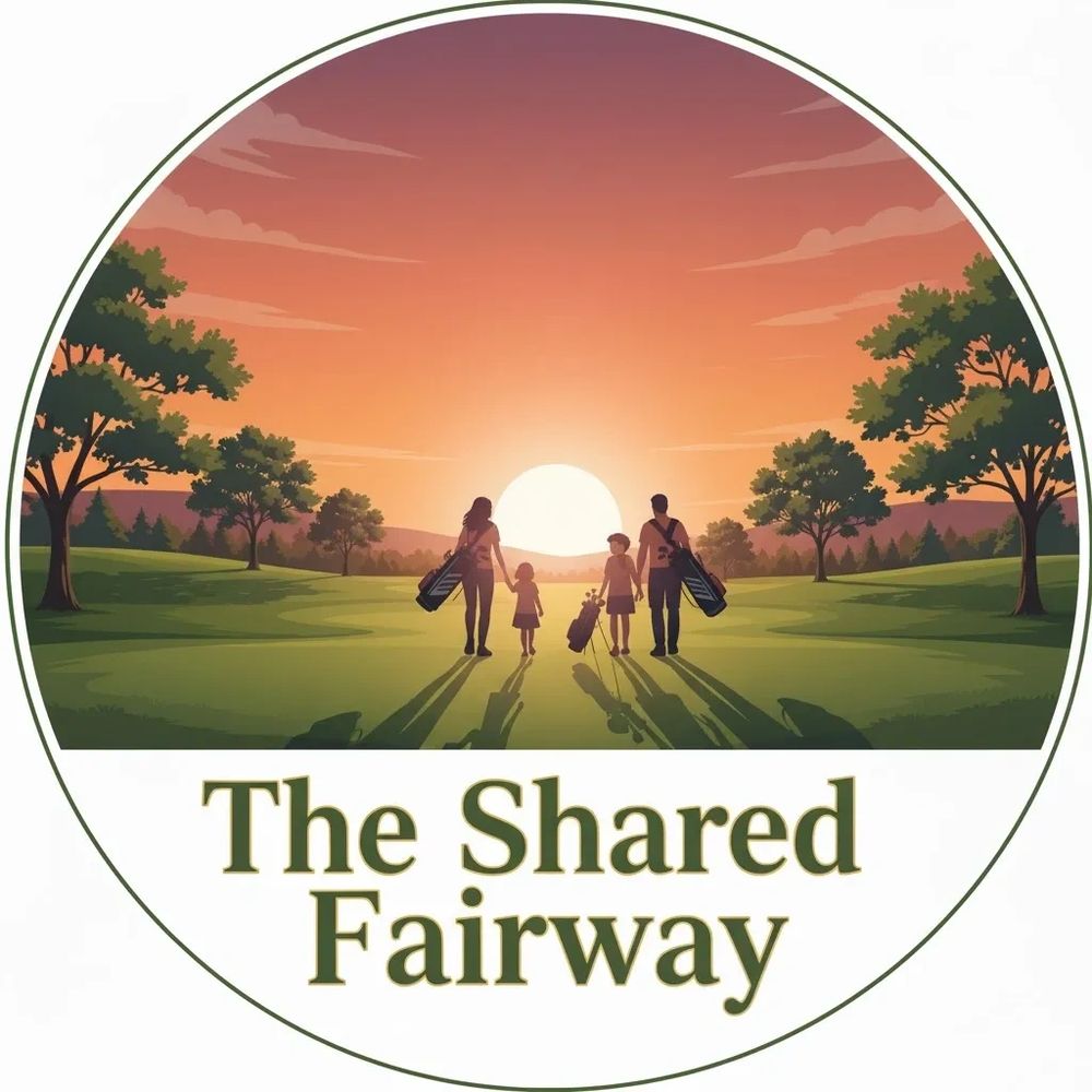 Family golfing together at sunset on a scenic fairway.