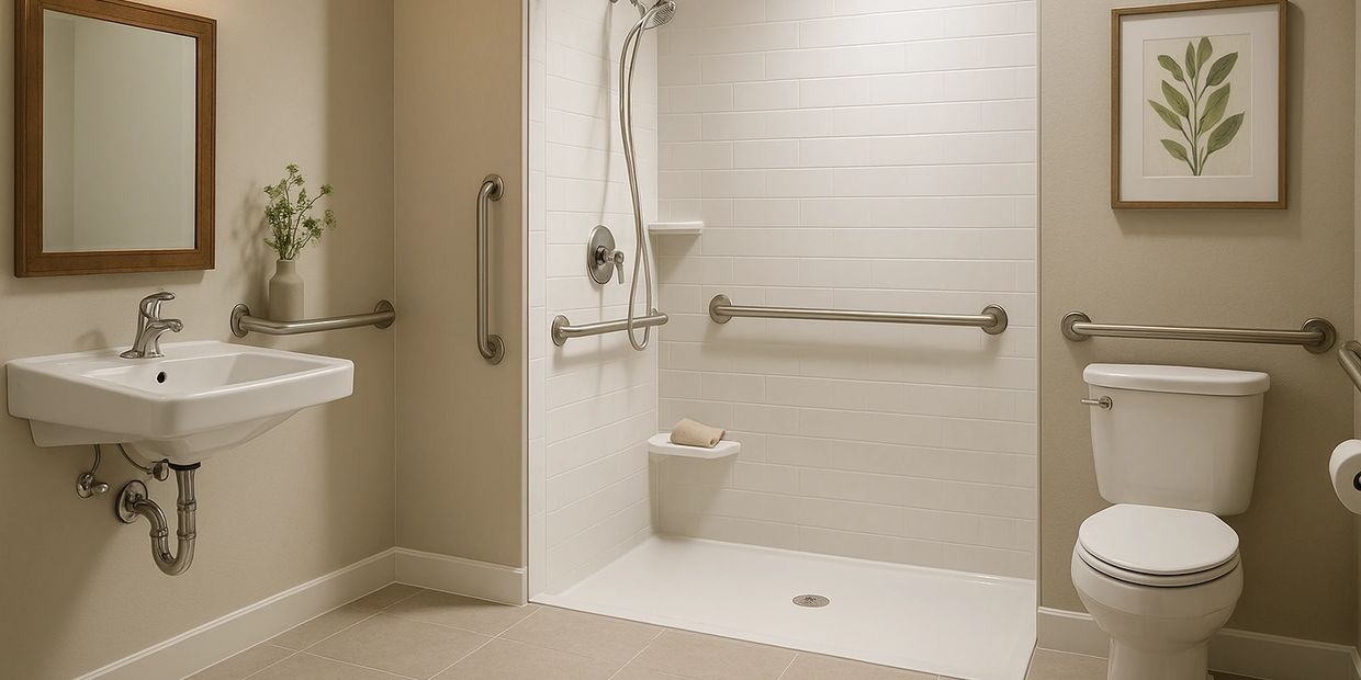 A clean, accessible bathroom with safety grab bars and a walk-in shower.