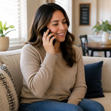 Woman sitting on couch, smiling while talking on phone.