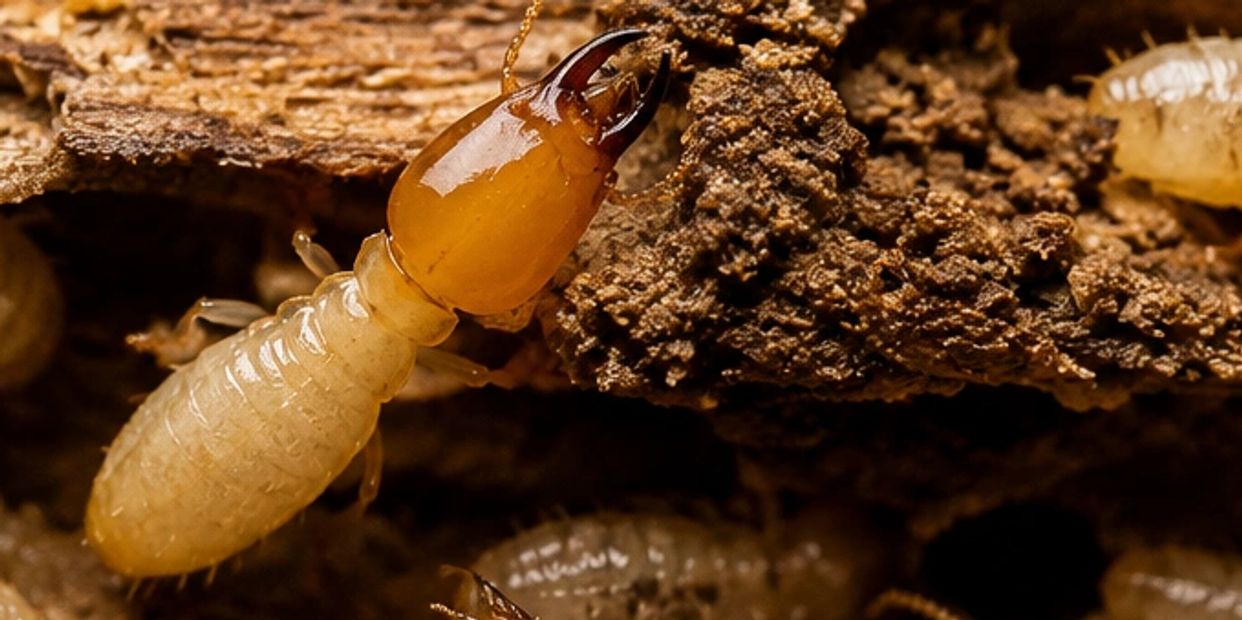 Close-up of a termite with a large mandible on soil.