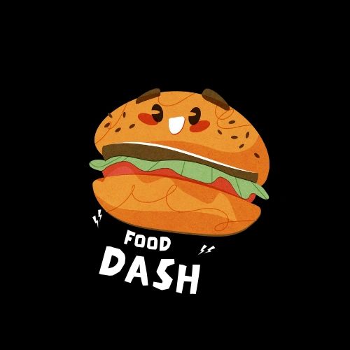 Illustration of a smiling cartoon hamburger followed by the words "FOOD DASH" underneath