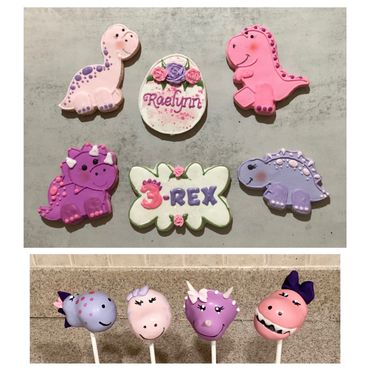 Girly Dino cookies; 3-rex cookies, Girly dino cakepops