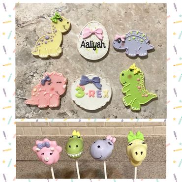Girly Dino cookies; 3-rex cookies; Girly dino cakepops