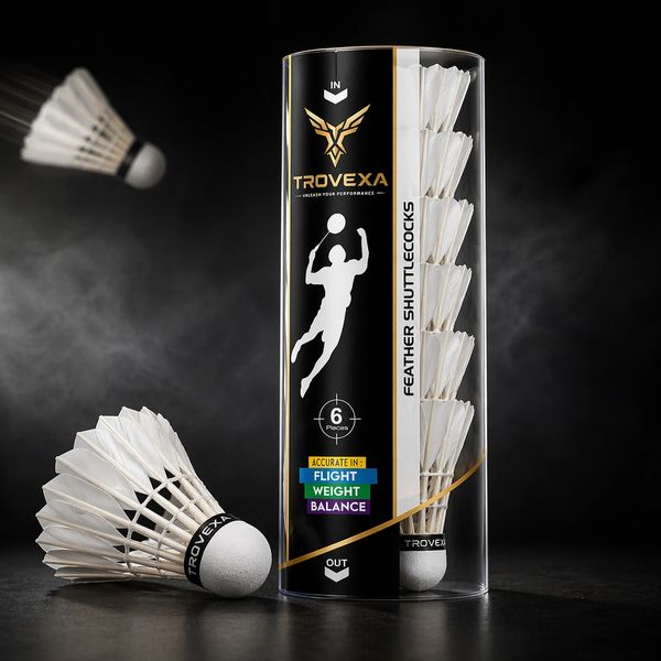 Tube of TroveXa feather shuttlecocks for badminton with black and gold design.