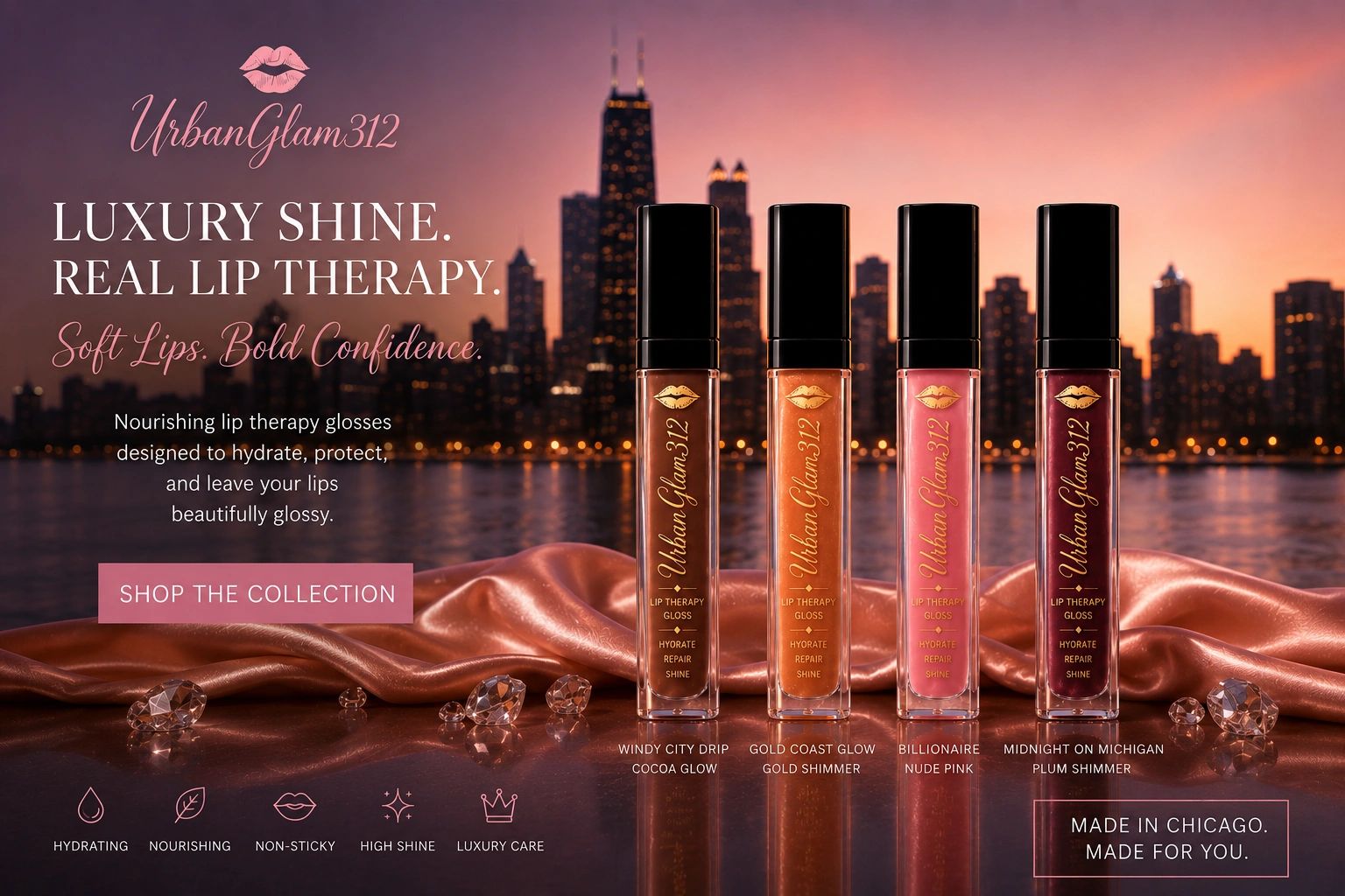 UrbanGlam312 lip therapy glosses with luxury shine and hydration.