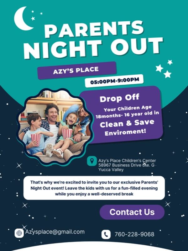Parents Night Out event at Azy's Place from 5-9 PM for kids aged 18 months to 16 years.