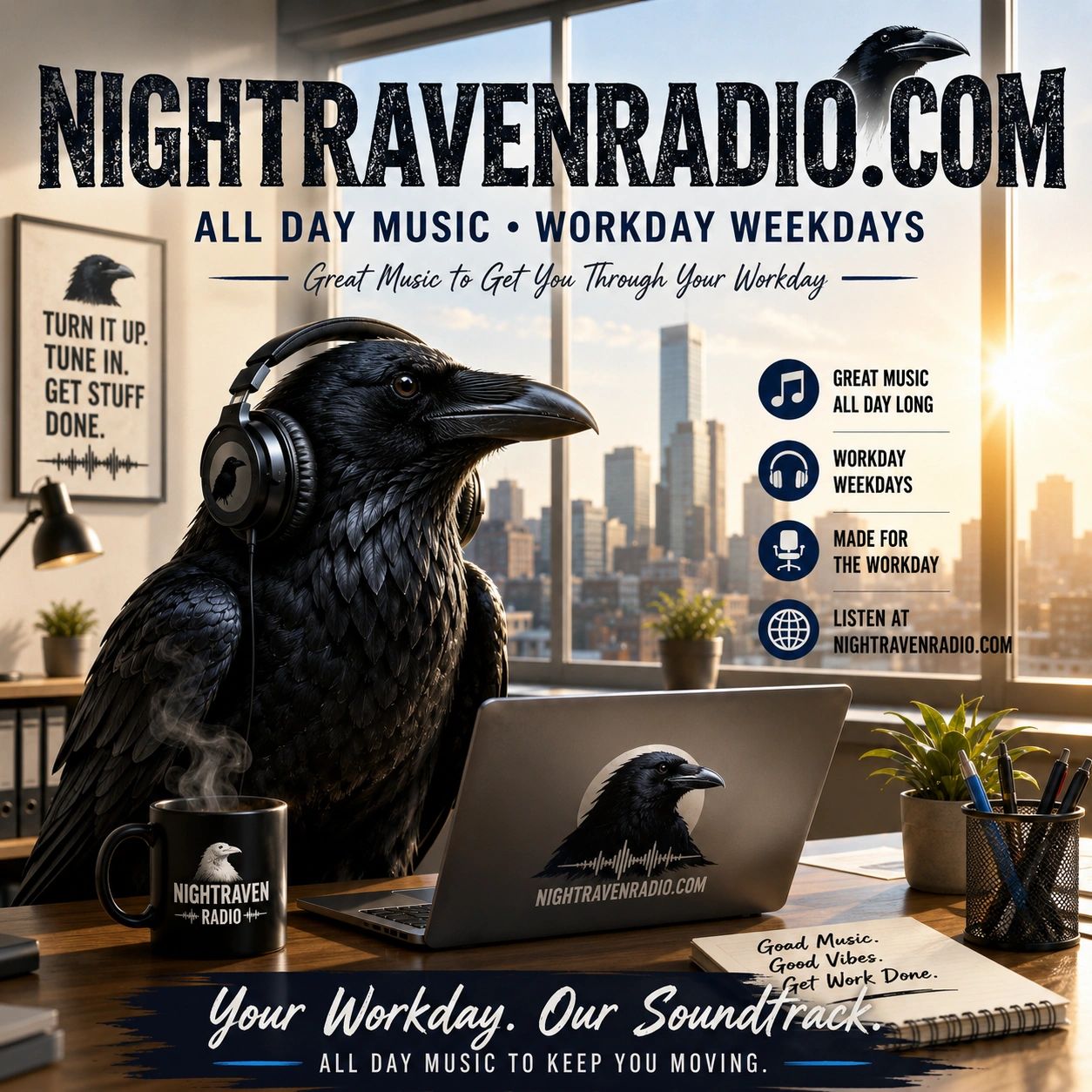 A raven wearing headphones at a work desk promoting NightravenRadio.com.