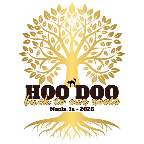 Golden tree with 'Hoo Doo back to our roots' text and a cat silhouette.