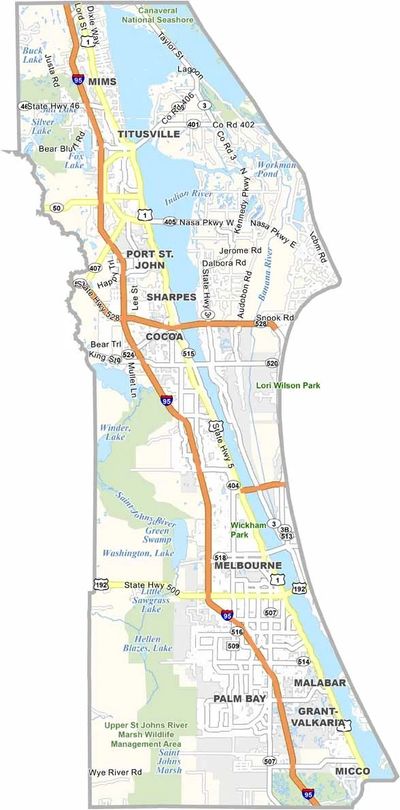 Map of Brevard County, Florida with major roads and towns.