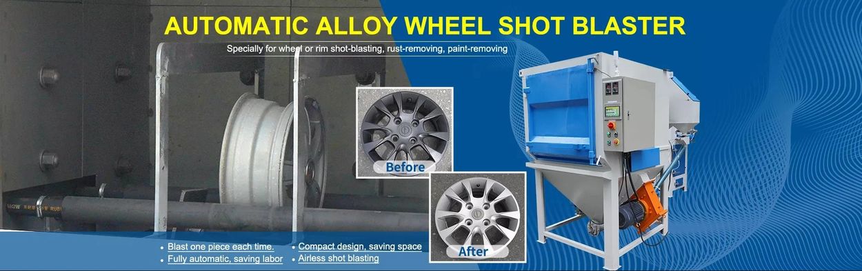 Automatic alloy wheel shot blasting machine for rim cleaning and surface preparation in UAE.