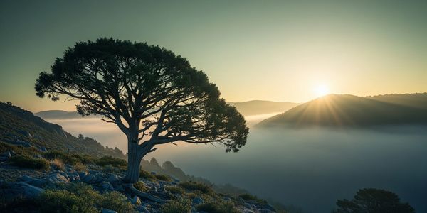 A lone tree stands on a rocky hill at sunrise with misty mountains in the background.