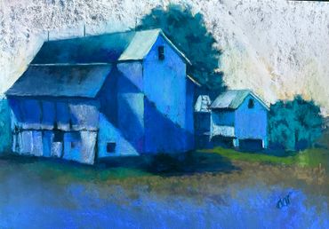 A blue-toned painting of rustic barns with dramatic shadows.