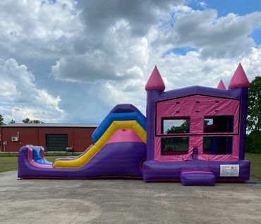 Ok Large pink
 Combo 5 in 1
(Bouncing area, Obstacles, Basketball hoop, Climb & Slide)