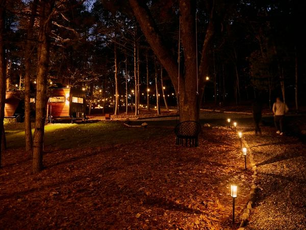 A tiny house and a path lit up at night with lights