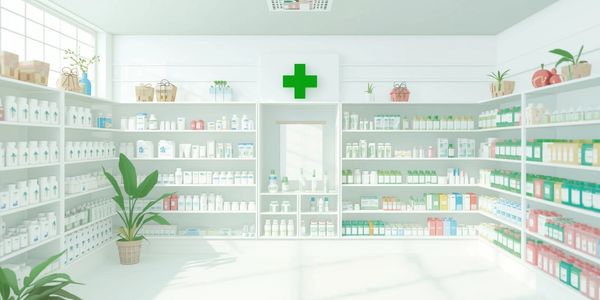 Bright pharmacy interior with shelves full of medicines and a green cross symbol.