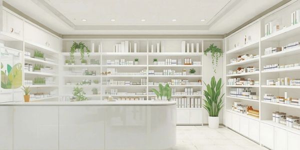Bright, modern pharmacy with white shelves and green plants.