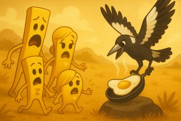 Animated cartoon of bread slices scared of a crow cooking an egg on a rock.