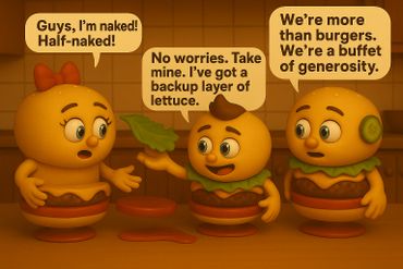Three animated burger characters joke about being naked and a buffet of generosity.