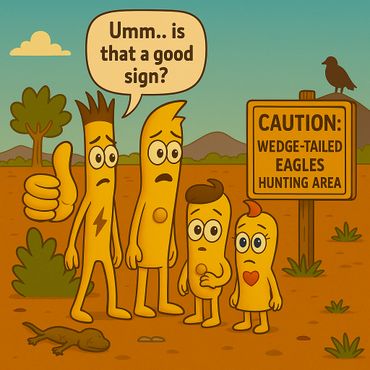 Cartoon characters react nervously to a caution sign about wedge-tailed eagles hunting area.