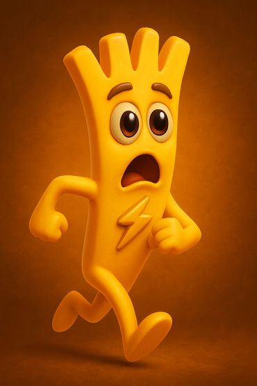 A yellow animated character with a shocked expression running.