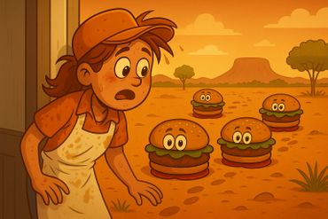 Surprised girl encounters four animated burgers with eyes in a desert.