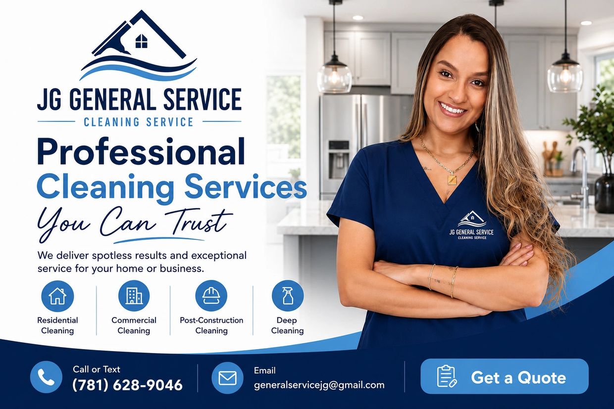 Professional cleaning services advertisement with contact details.