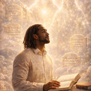A man studies Proverbs as the Trinity—Father, Son, and Holy Spirit—shines above, with stone tablets 