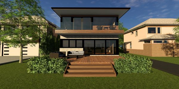 Front elevation of contemporary two-story lakefront renovation in Walled Lake with oversized windows.