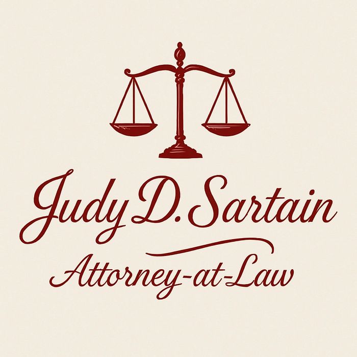 Logo showing scales of justice and attorney name Judy D. Sartain.
