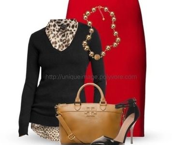 red skirt animal print blouse sweater Tory Burch handbag black patent heels