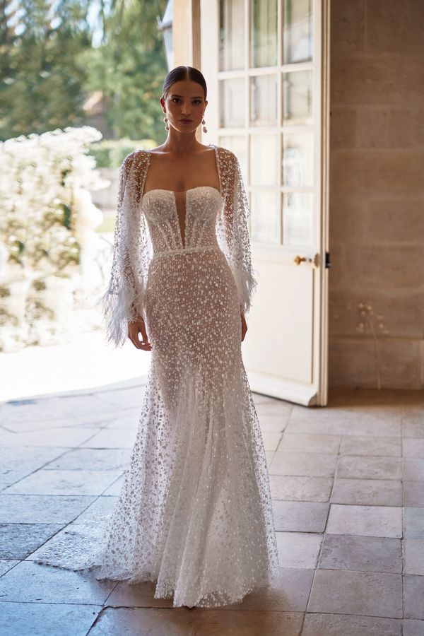 slim fit dress slacks Elegant Fit and Flare Wedding Dress Off-Shoulders with Tulle Sleeves – Boom  Blush main image 0
