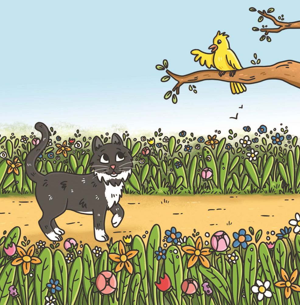 A page from Meli Bee's first picture book about Bibi the cat, showing Bibi meeting a bird. Copyright
