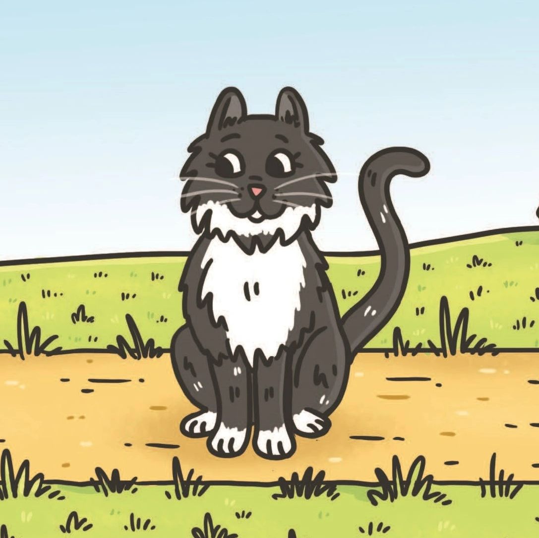 Bibi the cat in Meli Bee's children's book, sitting on her garden path.