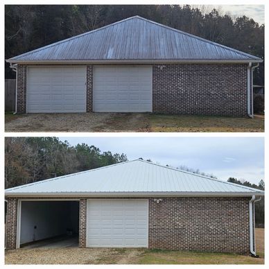 Before and after of a metal roof cleaning. The roof was almost black and was white after.